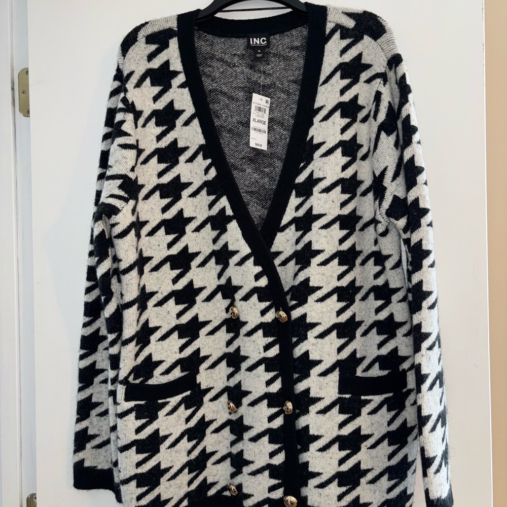 NWT INC Black and White Houndstooth Double Breasted Cardigan.